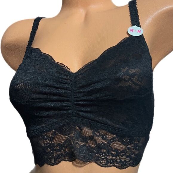 Victoria’s Secret Pink lace Unlined Ruched Front bralette bra black Medium - Picture 1 of 4